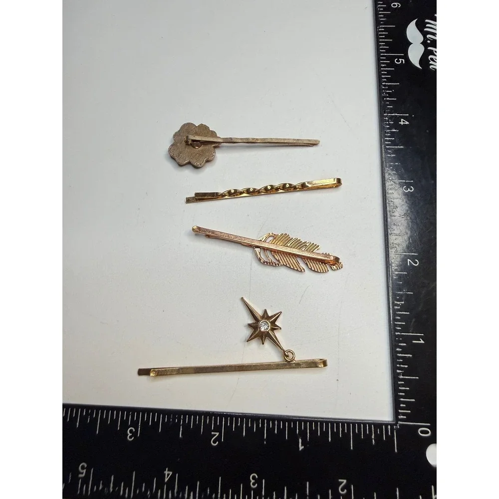 Gold Tone Hair Pin Set Flower Feather North Star Celestial Bobby Pins 4pc